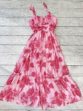 Pretty Pink Floral Tiered Maxi Dress Boho Cottagecore | Streetwear Society Large